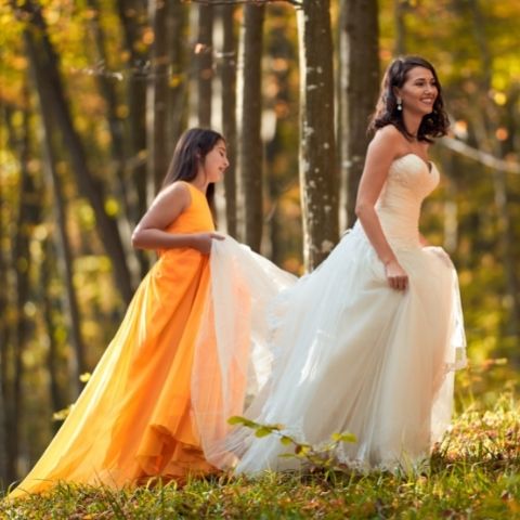 bride with bridesmaids and flower girl