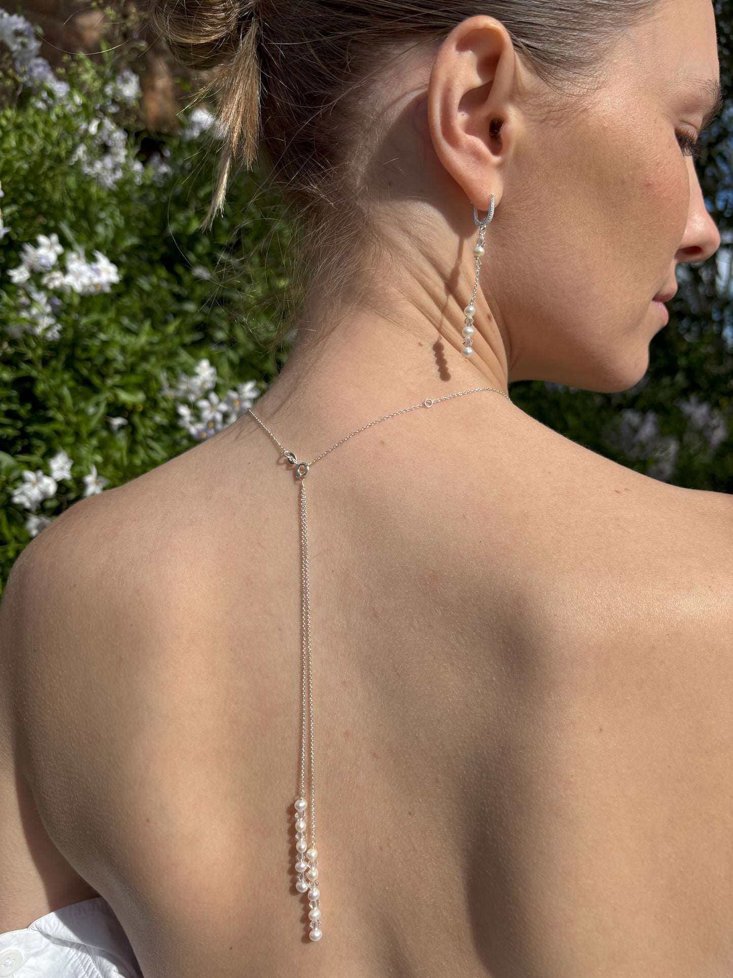 Sterling silver waterfall back drop necklace. Shown with the matching pearl and crystal drops as seen on the main necklace. The drops are easily detached to allow the necklace to be worn as a traditional pearl drop necklace.