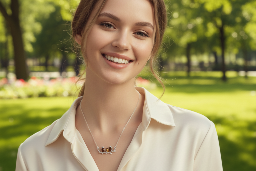 Sterling silver connector necklace showing three birds on a branch. The birds are inlaid with three types of amber - honey, cognac and olive. Shown worn.