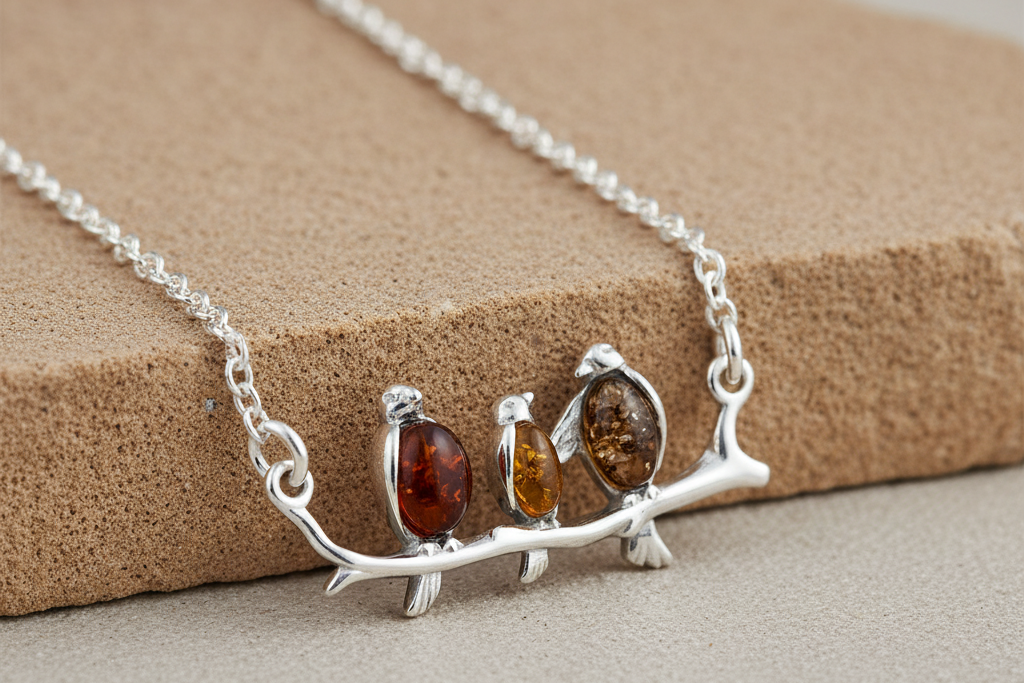 Sterling silver connector necklace showing three birds on a branch. The birds are inlaid with three types of amber - honey, cognac and olive.