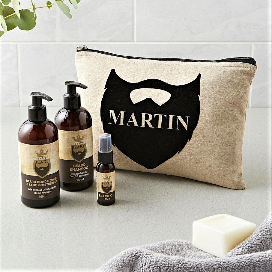 Personalised padded canva bag with beard decoration contains three products for beard and face