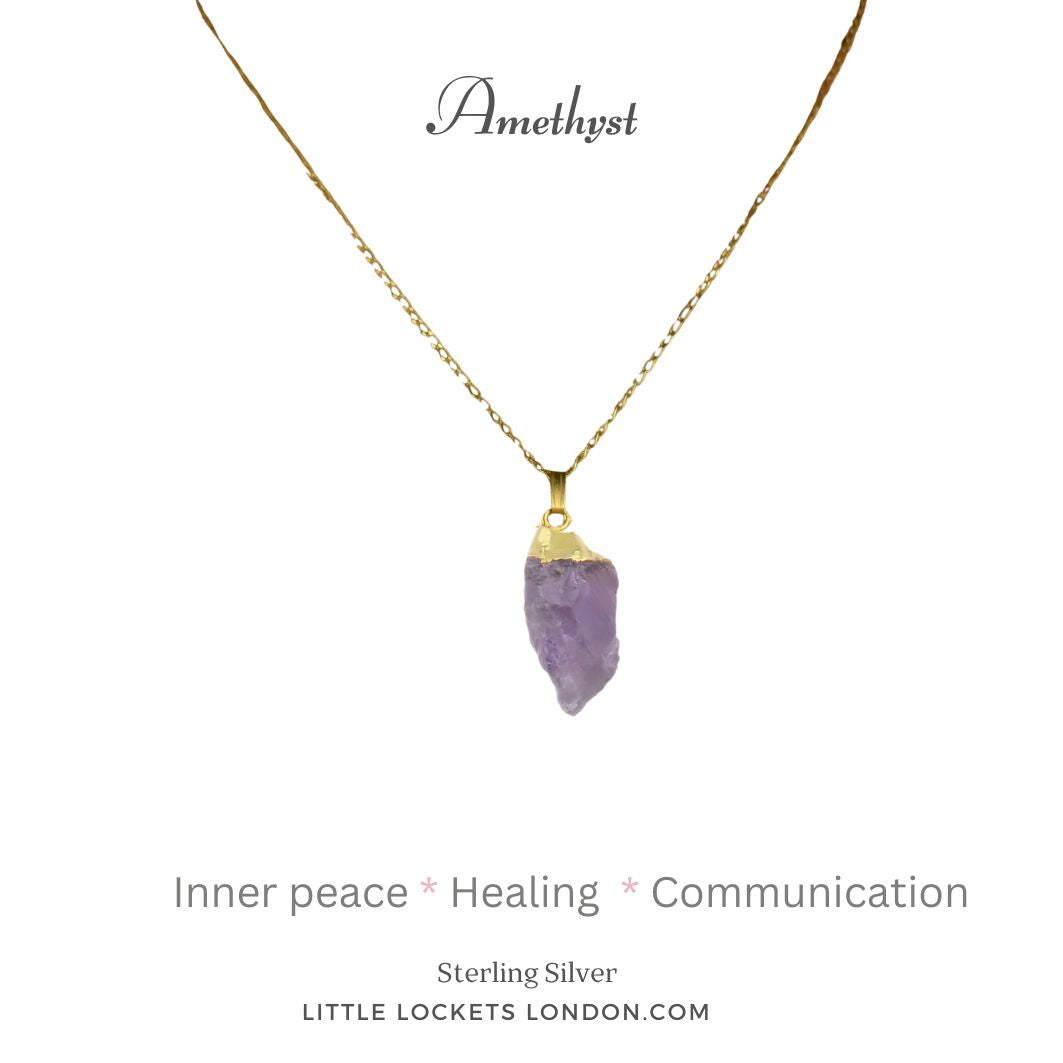 Amethyst raw crystal gem, mounted on card with the crystal name and three of its properties - inner peace, healing and communication. On gold vermeil chain and also in sterling silver.