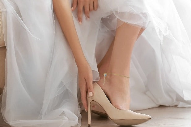 Our sterling silver something blue  anklet shown worn on the bride