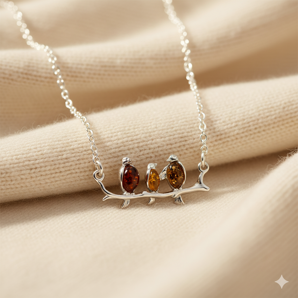 Sterling silver connector necklace showing three birds on a branch. The birds are inlaid with three types of amber - honey, cognac and olive.