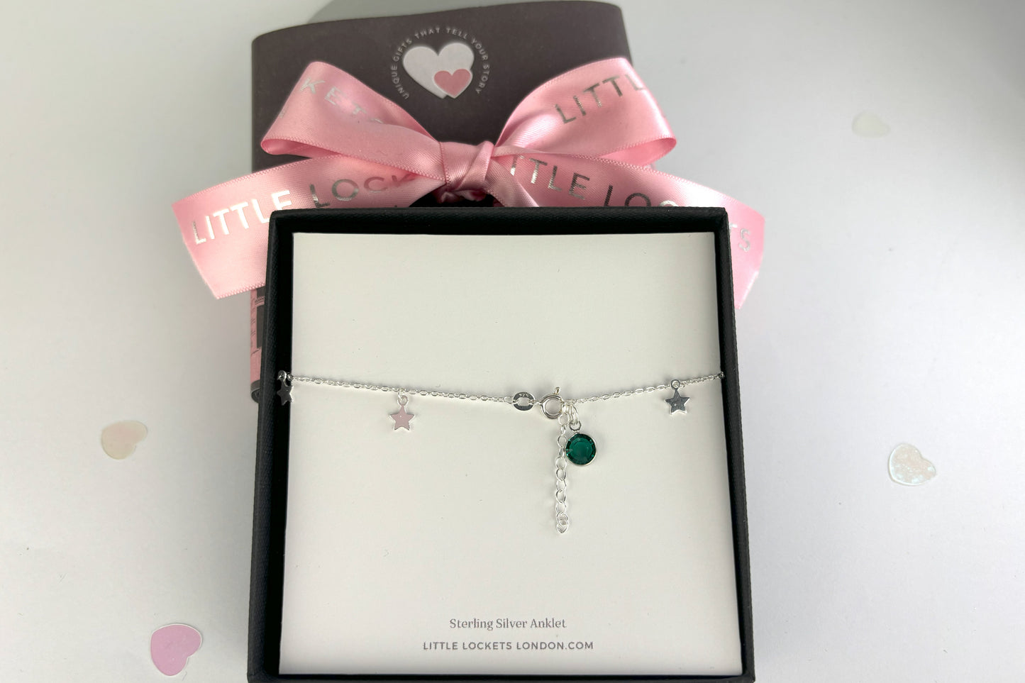 Boho Star Sterling Silver Anklet with Crystal Birthstone Charm. Crafted from sterling silver with flat cable chain links to sit comfortably. A secure fit, thanks to its 9 inch chain and a 1 inch extender.