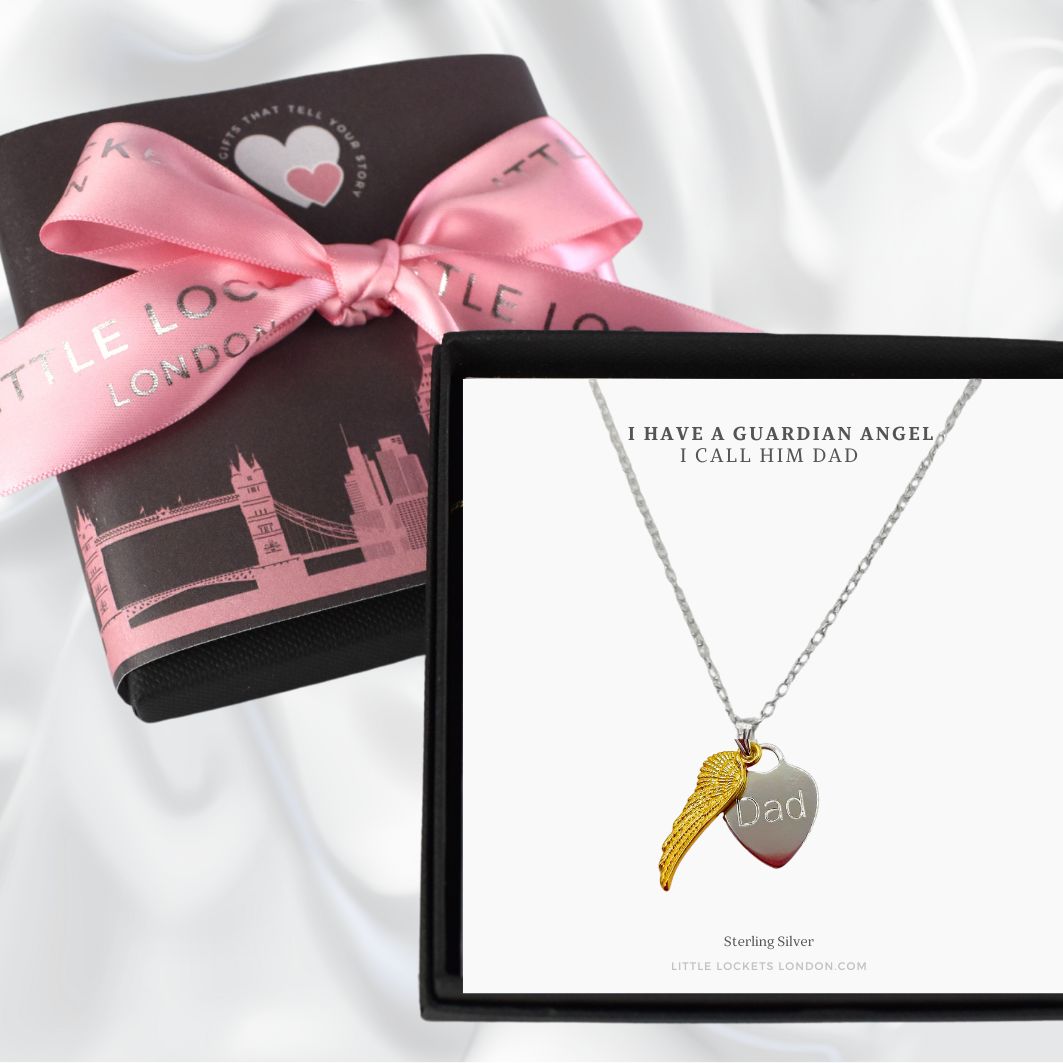 Angel wing pendant shown on card with the wording "I have a guardian angel I call him Dad". Optional gift wrap also shown.