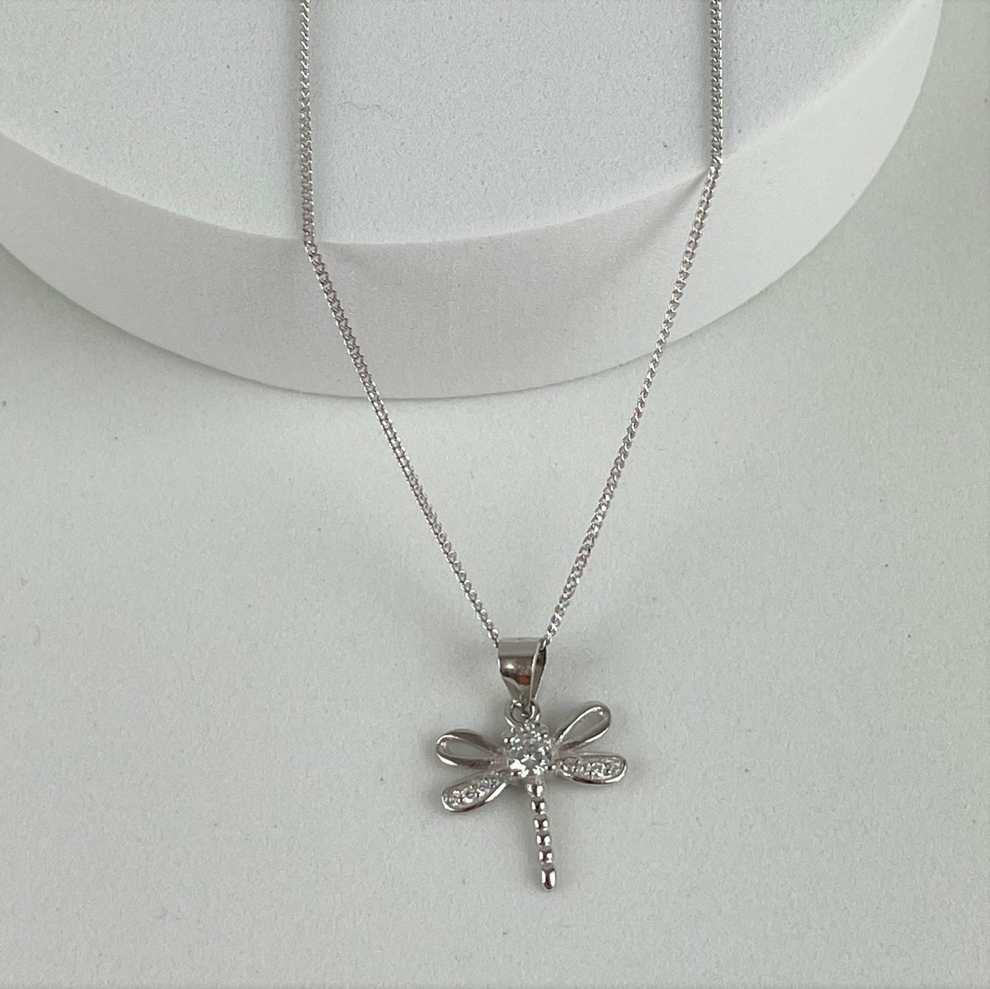 Dragonfly Necklace in Sterling Silver with cubic zirconia crystal
