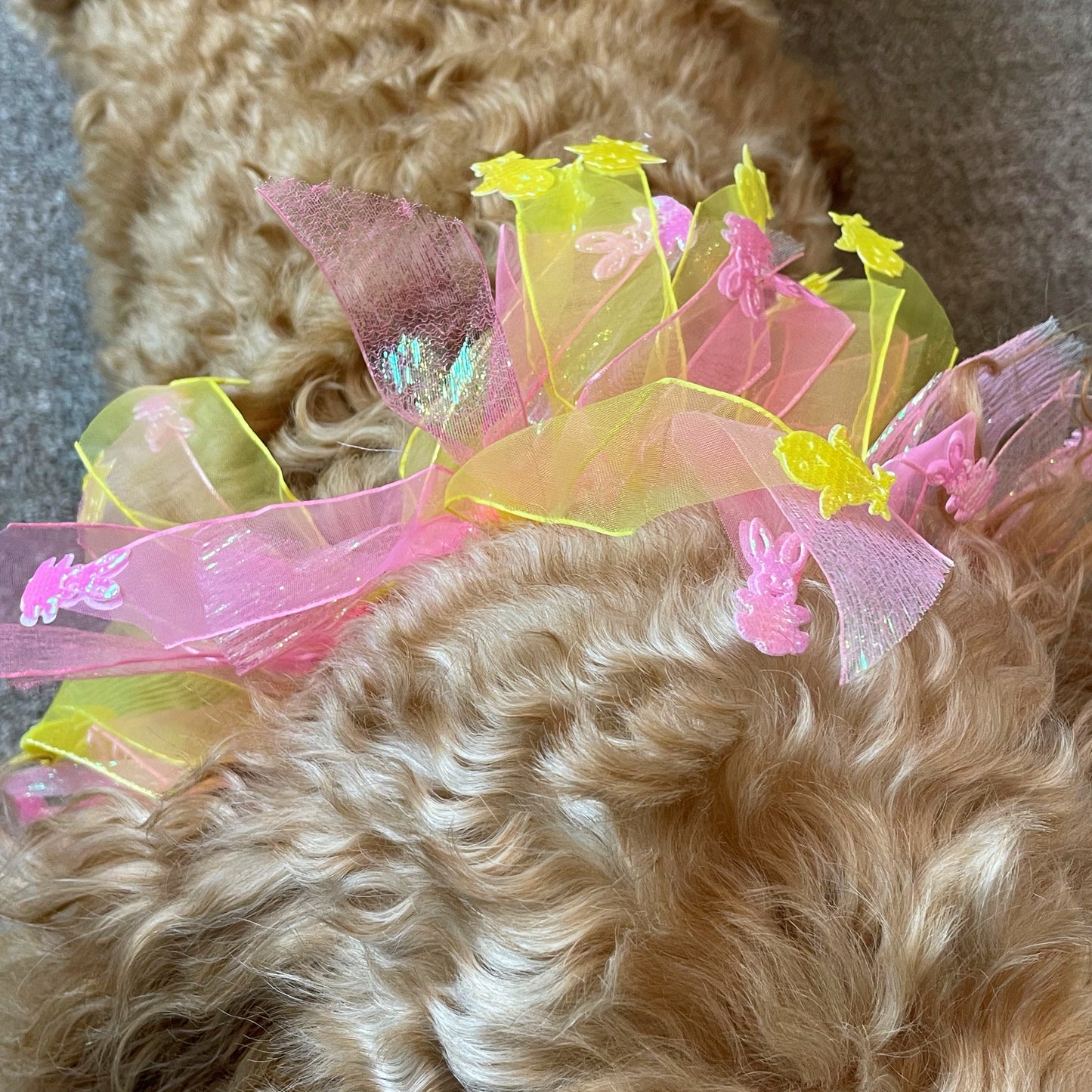 Worn by medium size cockapoo. Fun elastic frill for dogs. Pastel pink and yellow tulle frills with foil pink rabbits and yellow chicks on the end of each tulle frill. One size.