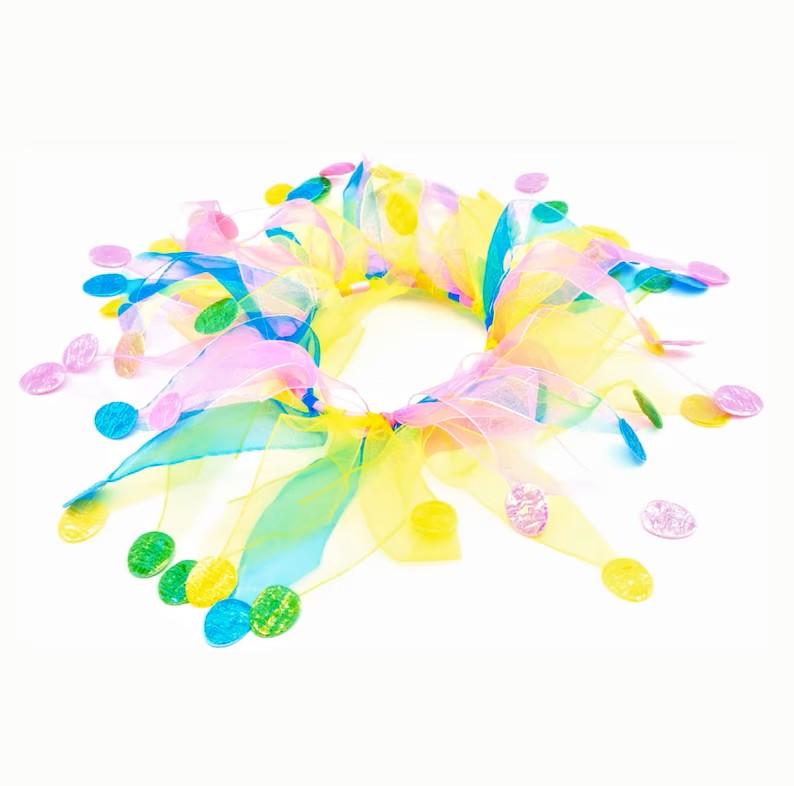 Multi pastel colour tulle elastic frill. With colourful foil edging