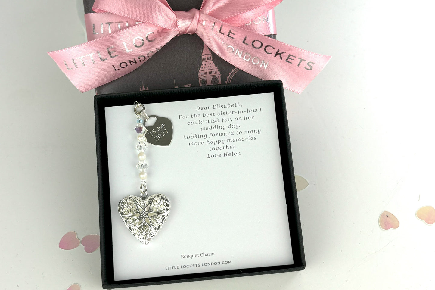 Our handmade wedding bouquet memorial charm with silver plated filigree locket shown complete with chain and lobster clasp. Option for engraved tag and own wording