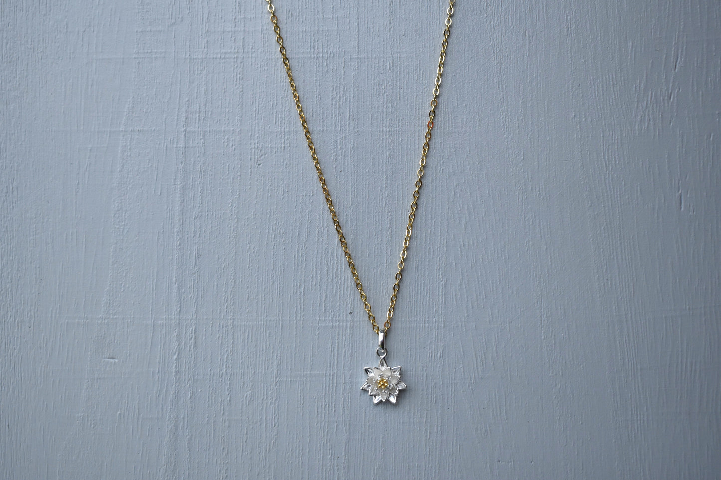 Necklace with a Daisy birth flower pendant on a gray background