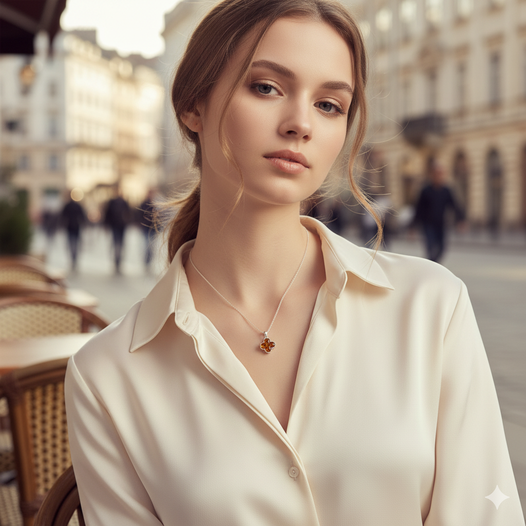 Model wears Quatrefoil-shaped pendant inlaid with genuine cognac amber. Finely textured Sterling silver edging. Pendant hangs from a sterling silver chain.