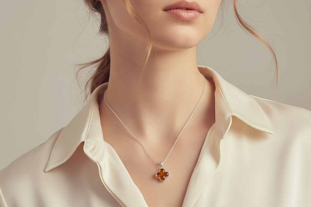 Model wears clover-shaped pendant inlaid with genuine cognac amber. Finely textured Sterling silver edging. Pendant hangs from a sterling silver chain.