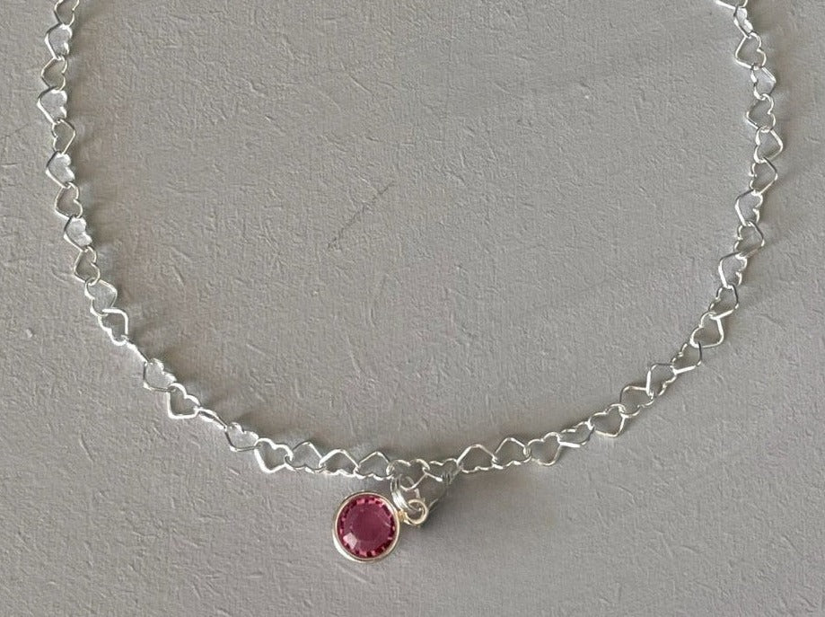 Sterling silver heart-link Birthstone anklet