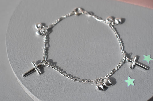 sterling silver childs heart and crosses bracelet