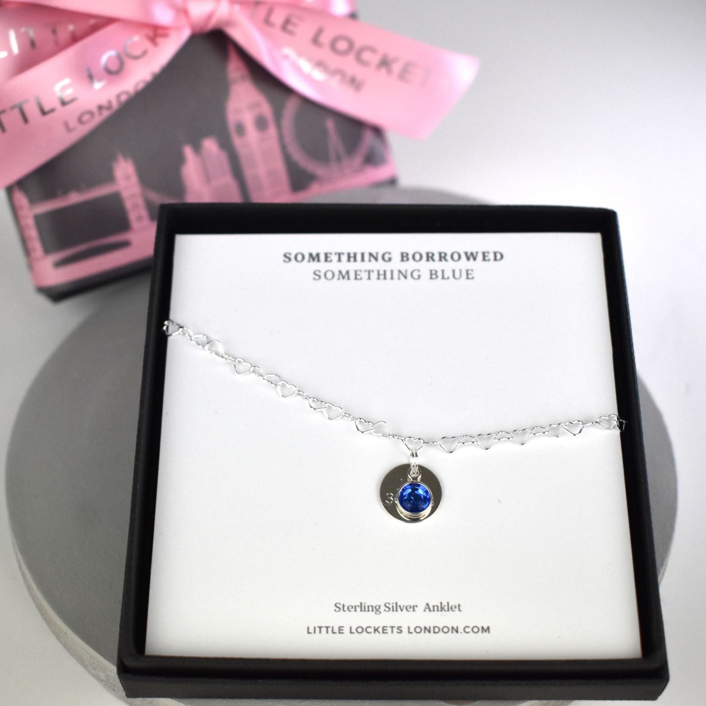 Something Blue sterling silver heart link anklet with Swarovski blue crystal drop and optional sterling silver engraved tag with initials and date