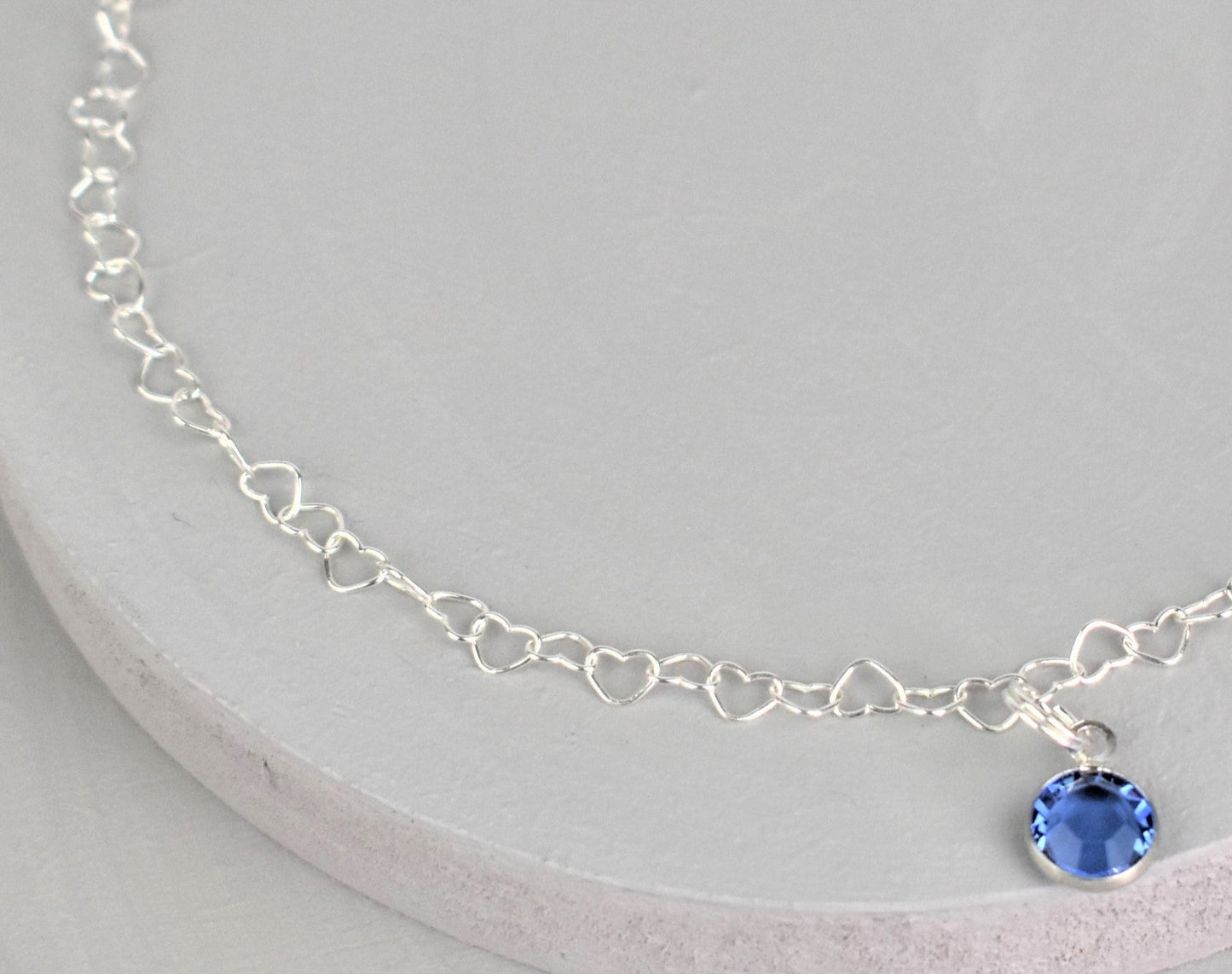Sterling silver heart-link Birthstone anklet
