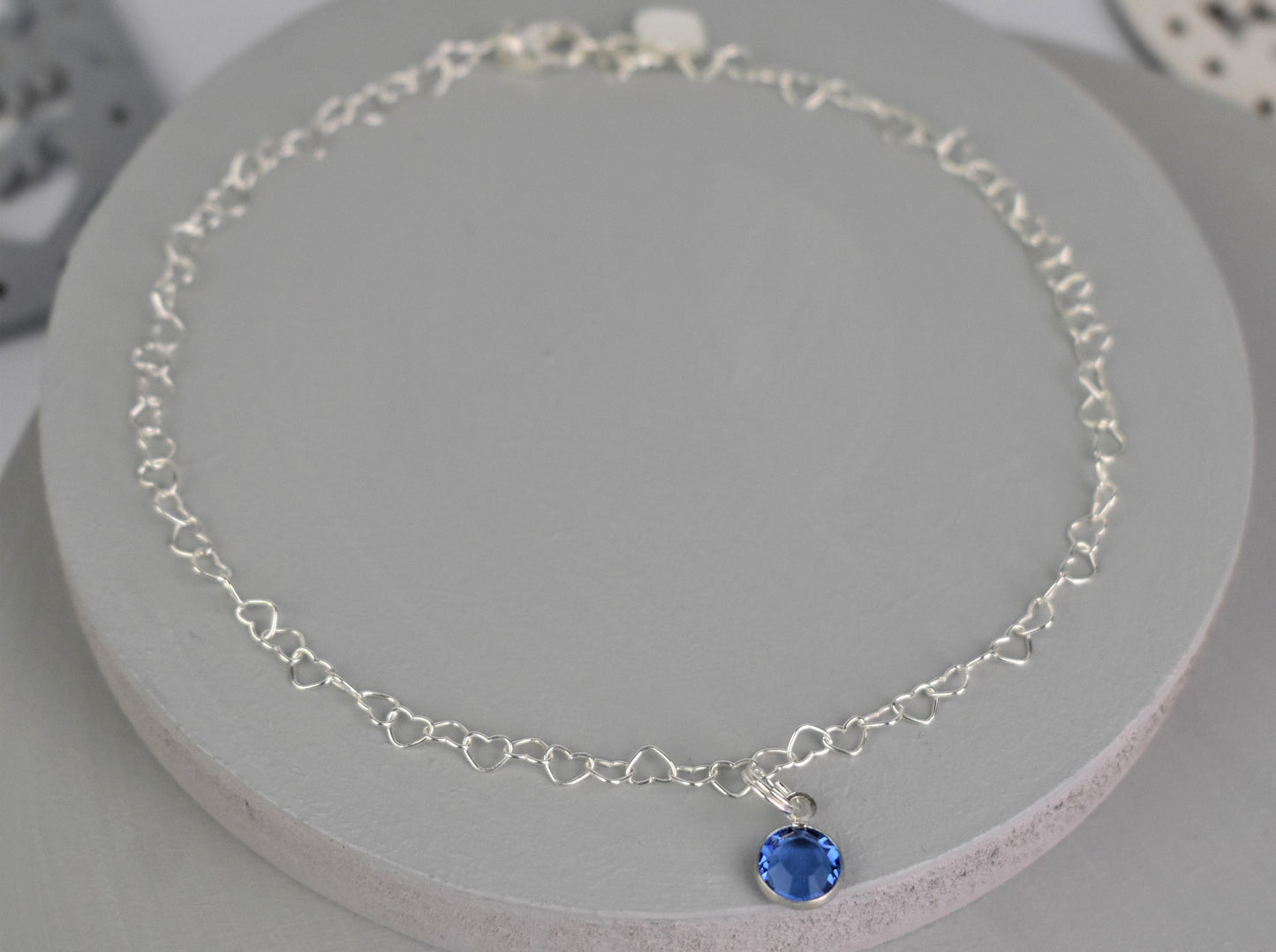 Sterling silver heart-link Birthstone anklet
