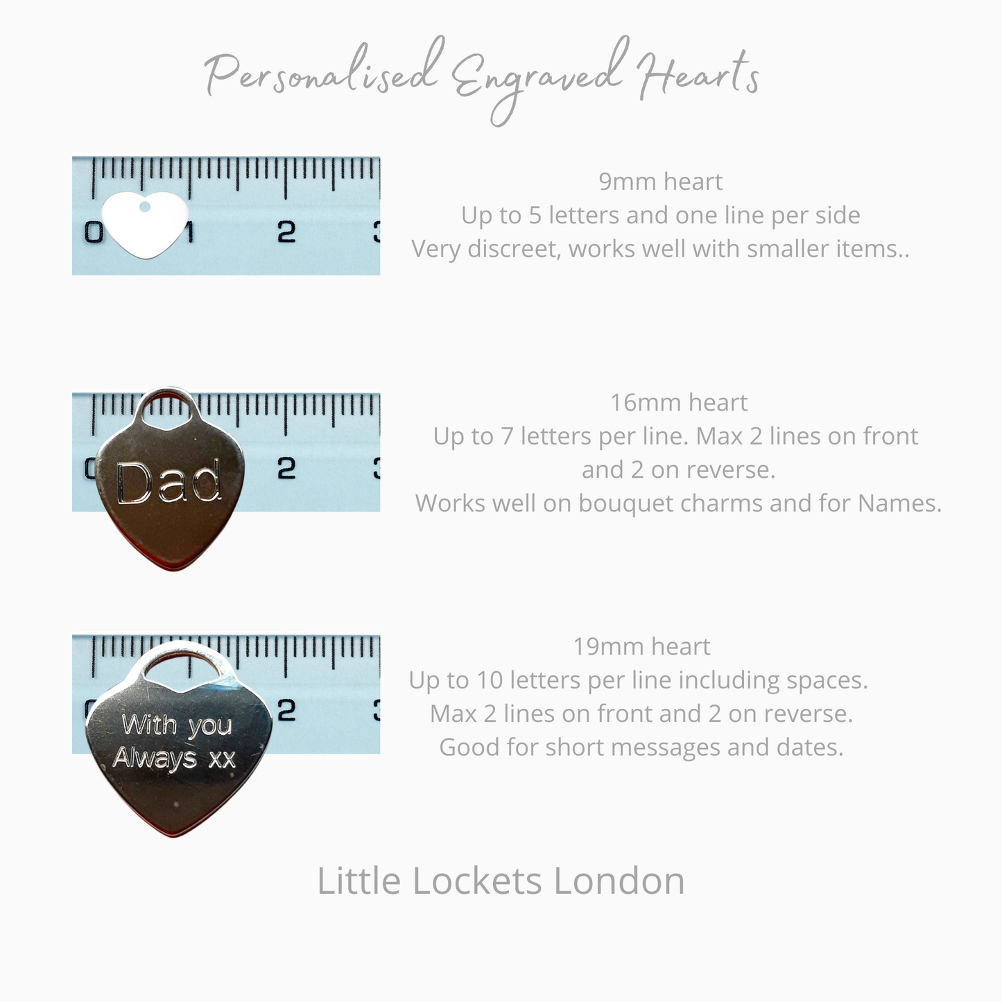 Add an optional sterling silver heart to your double bouquet charm. Our chart gives the size of the various hearts and the maximum characters that can be engraved on each one.