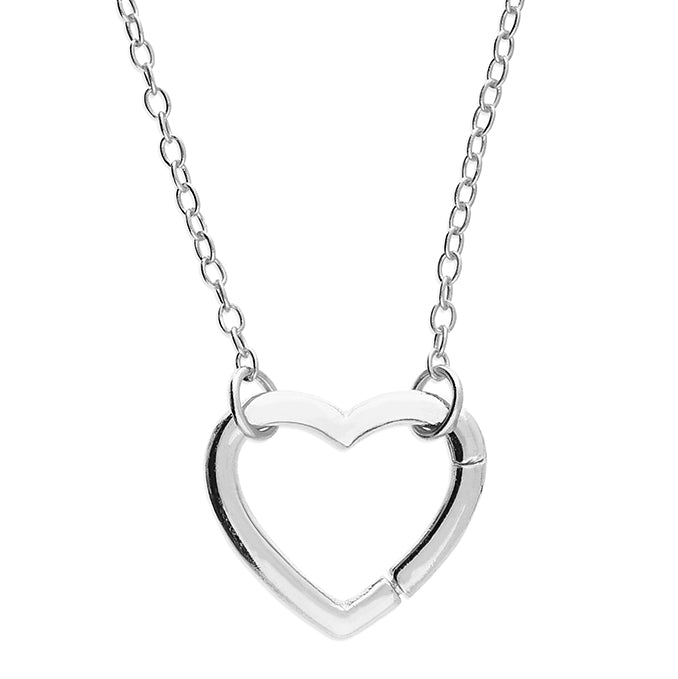 sterling silver open heart necklace with hidden hinge for birthstones, shown in sterling silver