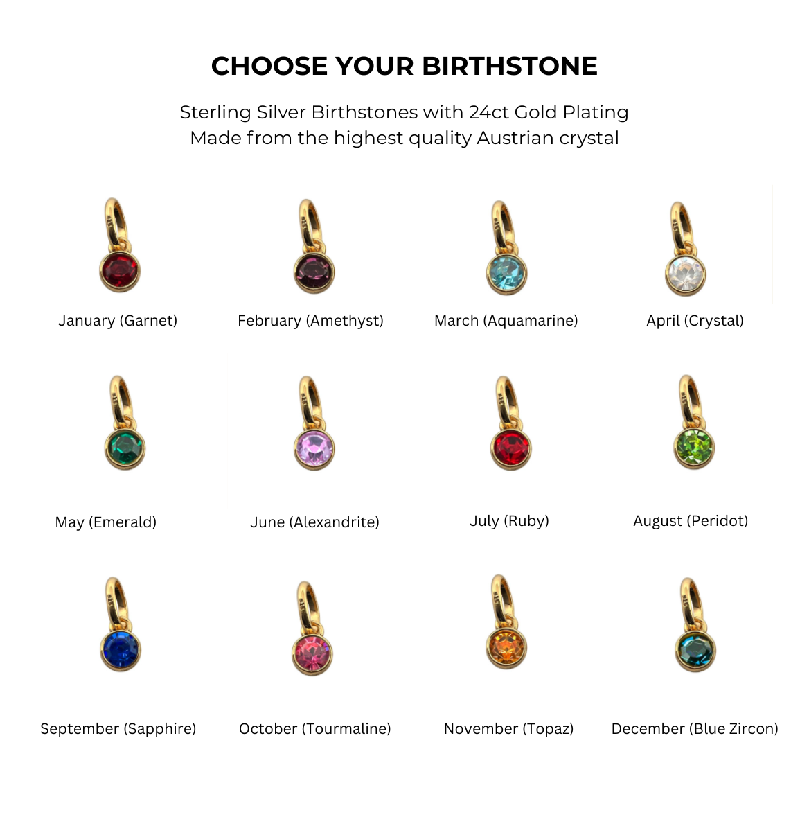 High quality sterling silver birthstones, made of Austrian crystal and finished with 24ct gold plating. 4mm