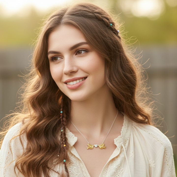 Model wears Sterling silver gold plated lovebirds are linked by each holding a sterling silver heart studded with small circonas, suspended from a sterling silver chain.