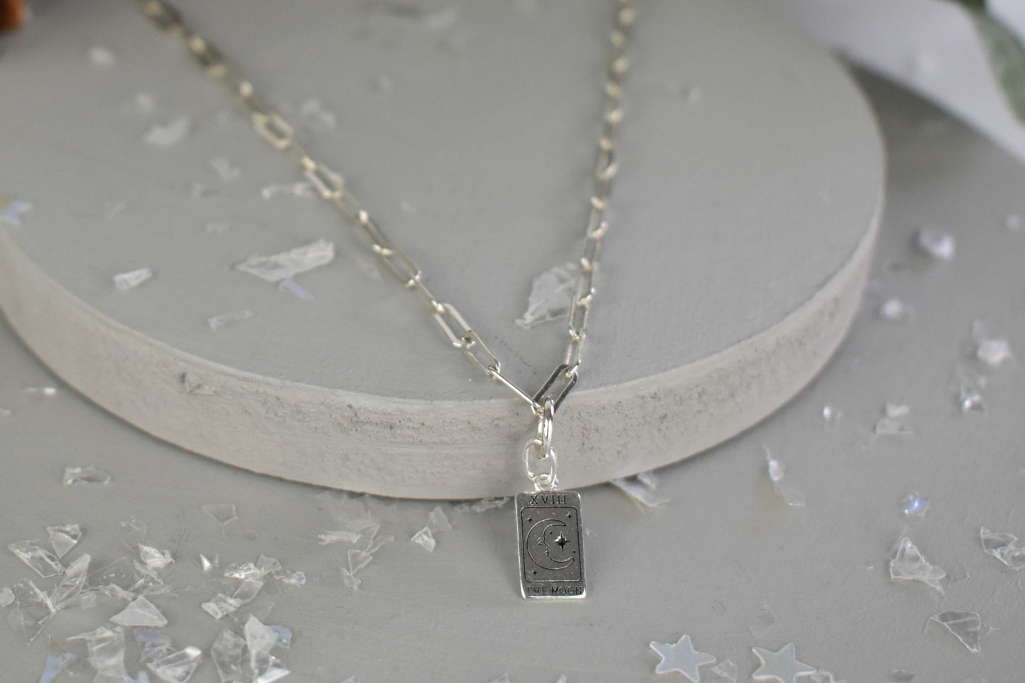 Sterling Silver Paper Clip Necklace featuring a beautiful and symbolic Moon Tarot Card pendant.