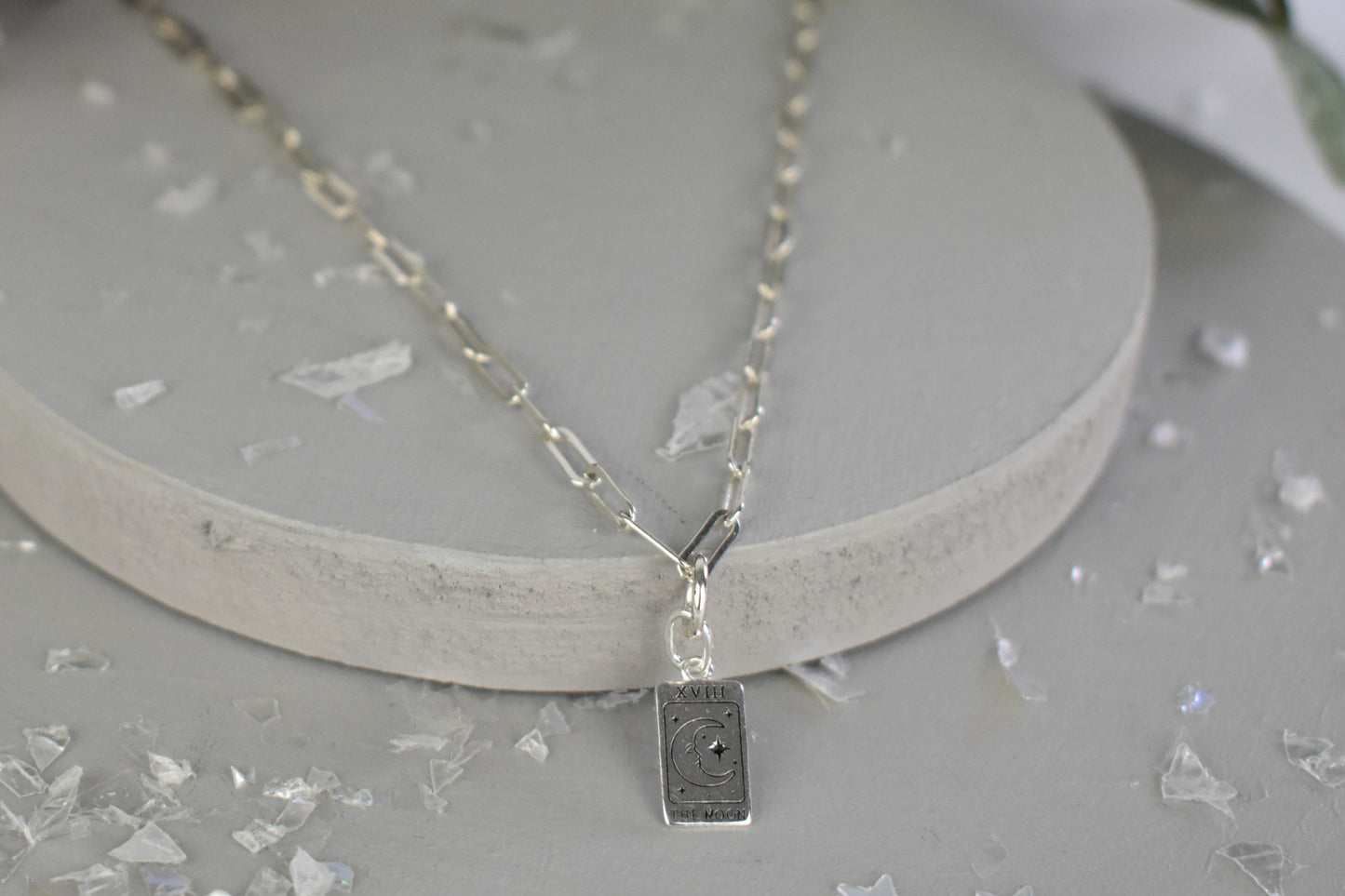 Sterling Silver Paper Clip Necklace featuring a beautiful and symbolic Moon Tarot Card pendant.