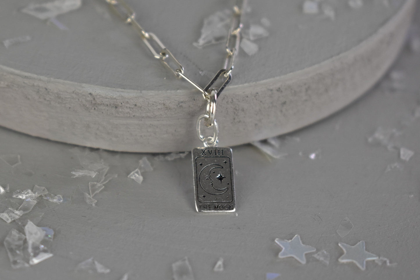 Sterling Silver Paper Clip Necklace featuring a beautiful and symbolic Moon Tarot Card pendant.