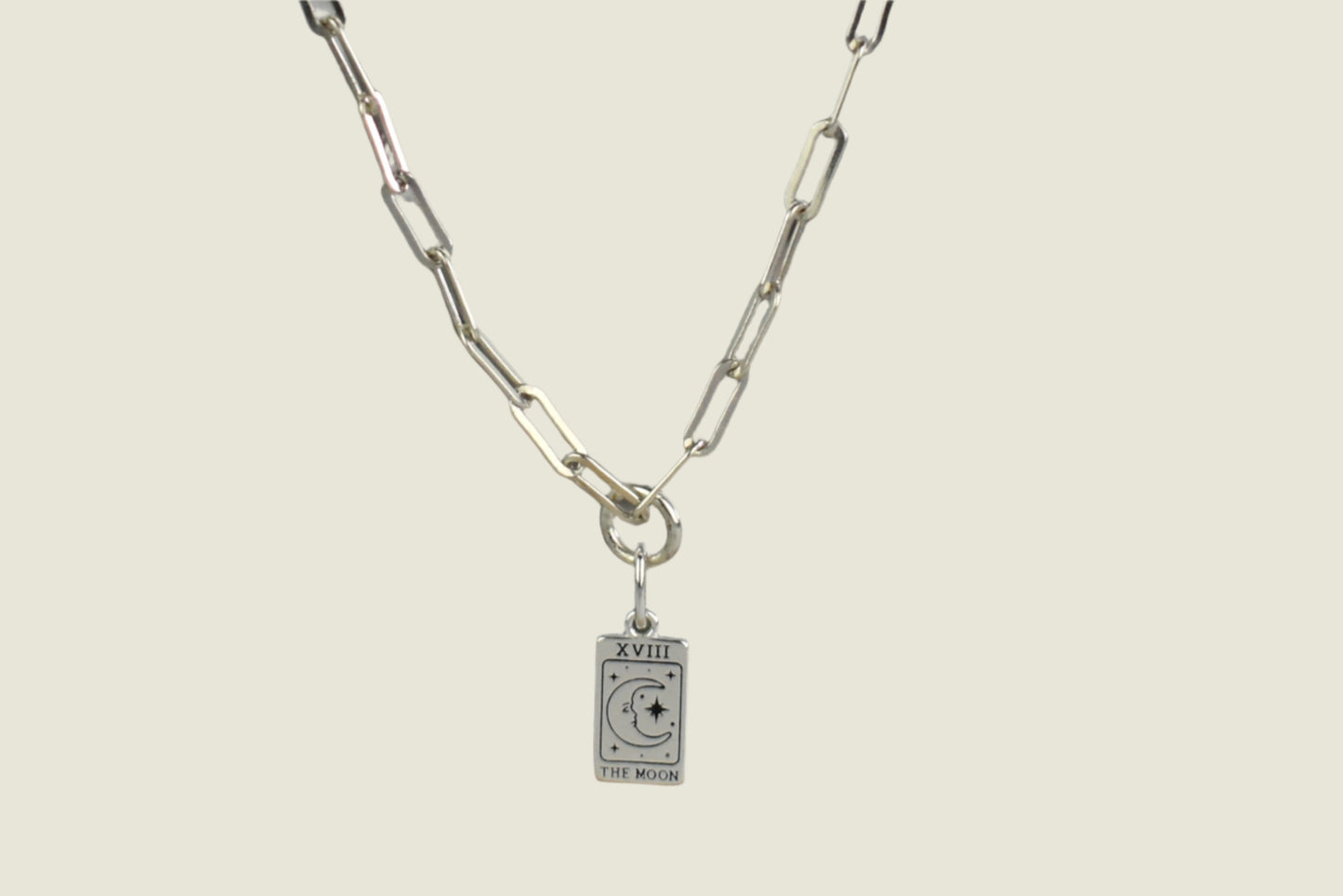 Sterling Silver Paper Clip Necklace featuring a beautiful and symbolic Moon Tarot Card pendant.