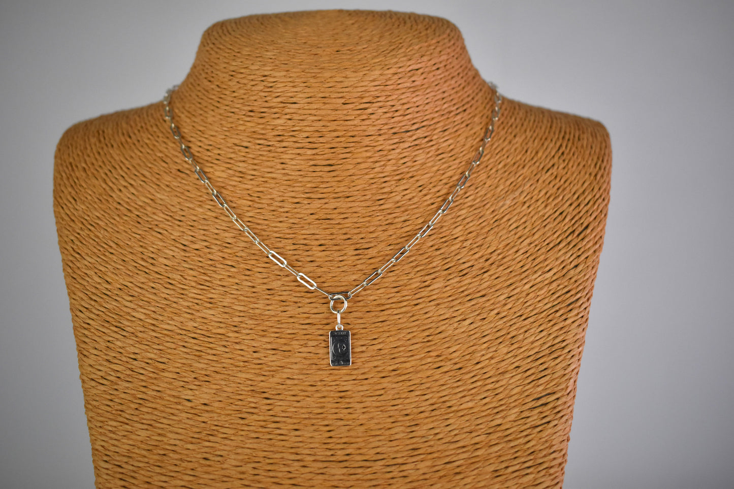 Sterling Silver Paper Clip Necklace featuring a beautiful and symbolic Moon Tarot Card pendant.