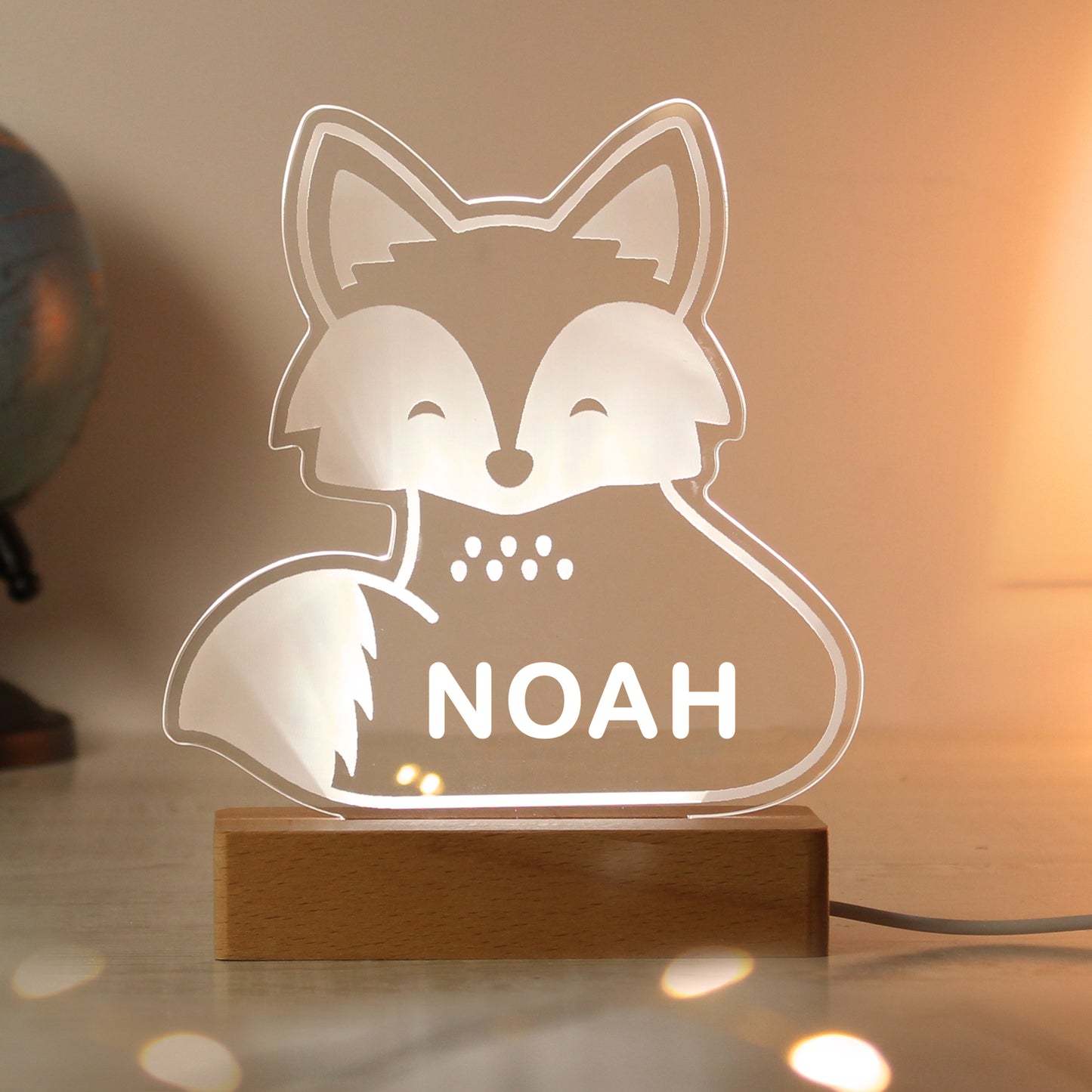 Childs LED light on wooden base. Fox personalised with your child's name. Changing or fixed colour and brightness settings. Shown in white