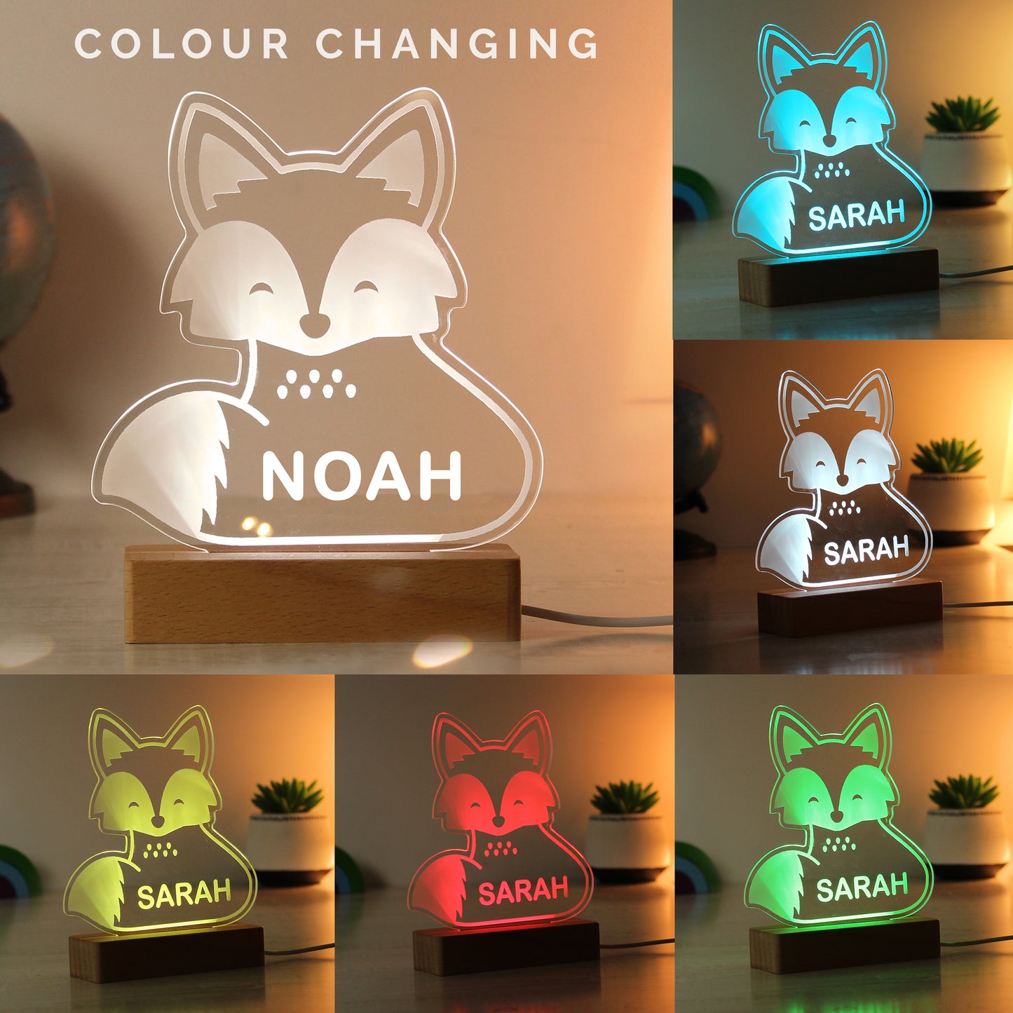 Childs LED light on wooden base. Fox personalised with your child's name. Changing or fixed colour and brightness settings. Shown iwith colour changes