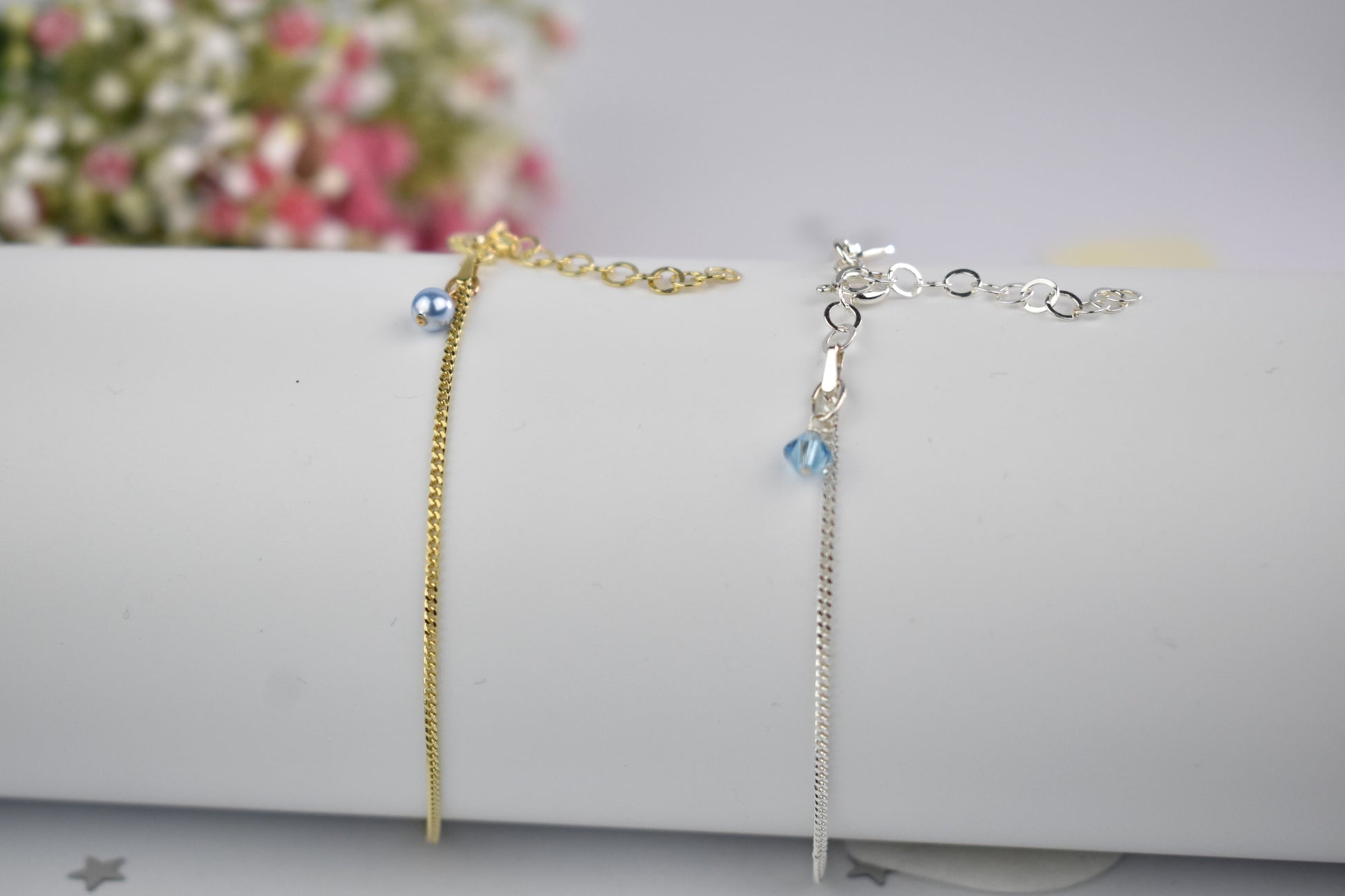 Something Blue anklet available in your choice of sterling silver or sterling silver with gold plating. Choice of blue pearl or blue crystal to finish your anklet.