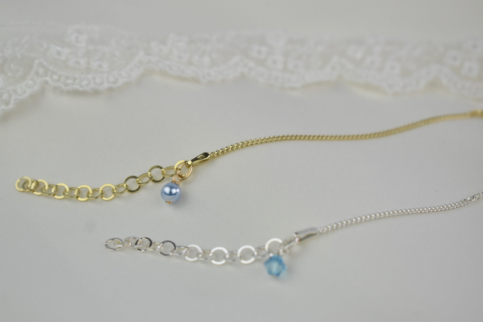 Something Blue anklet available in your choice of sterling silver or sterling silver with gold plating. Choice of blue pearl or blue crystal to finish your anklet.