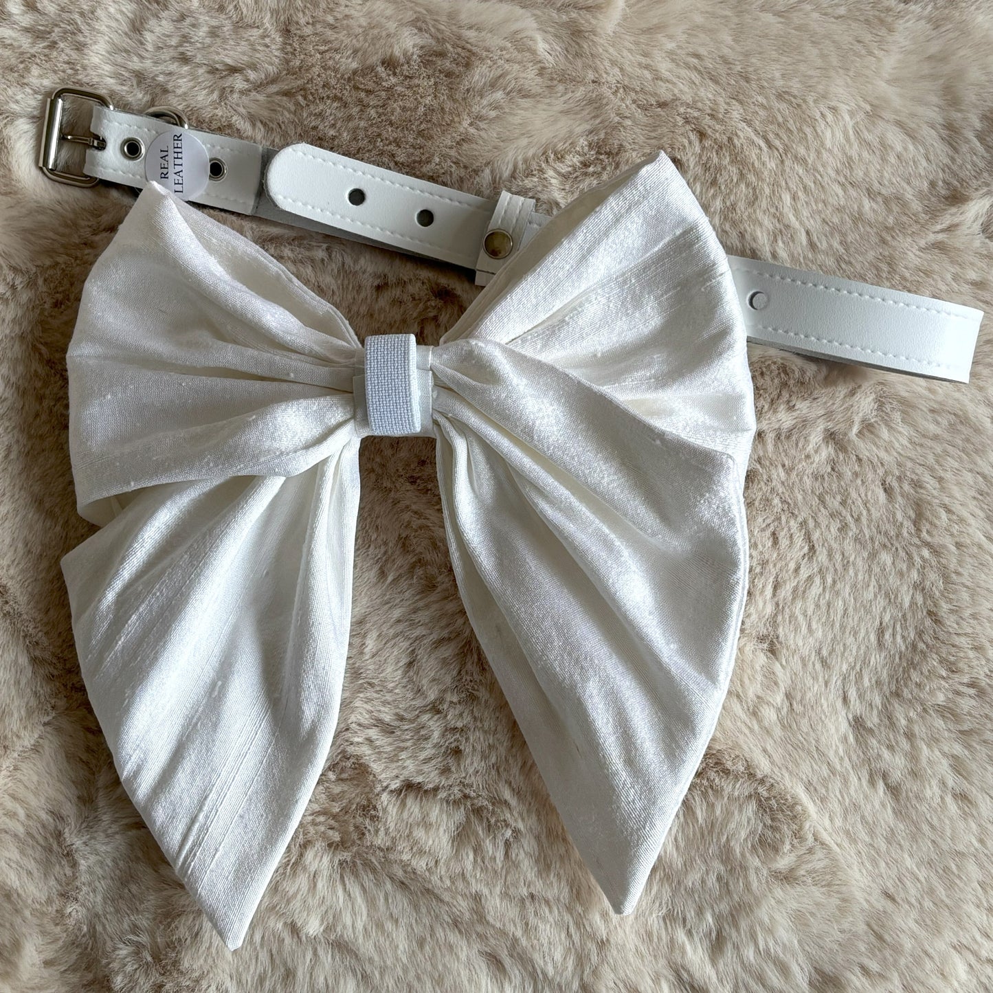 silk dupion bow tie with genuine leather collar available in different sizes. Elastic slides on to leather collar and is easily removable.