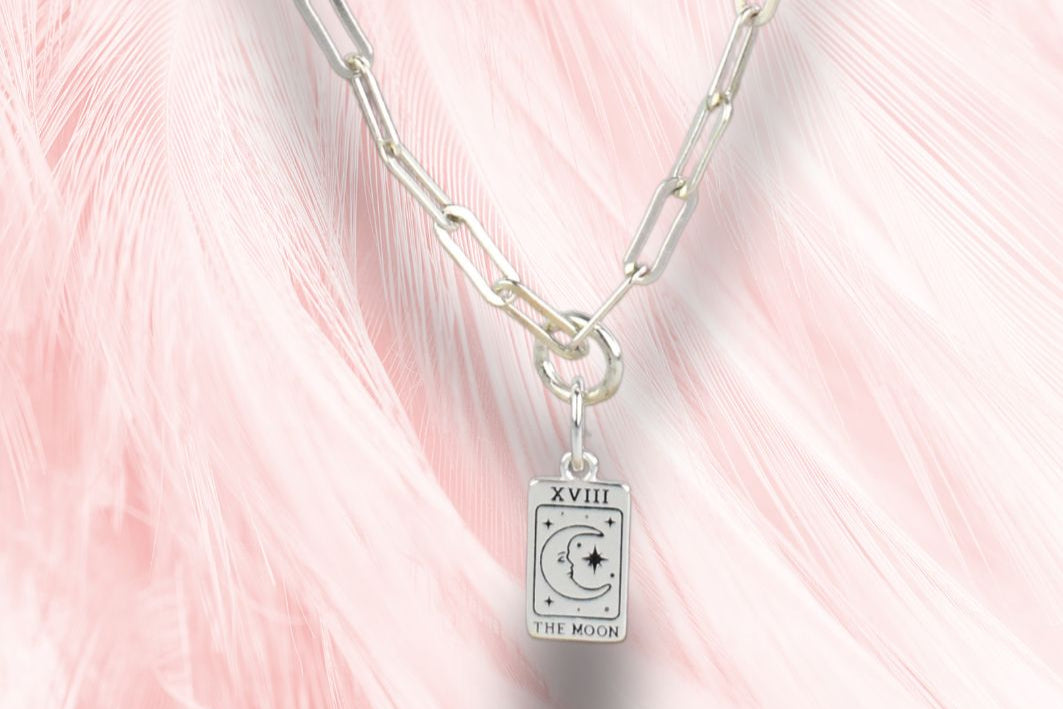 Sterling Silver Paper Clip Necklace featuring a beautiful and symbolic Moon Tarot Card pendant.