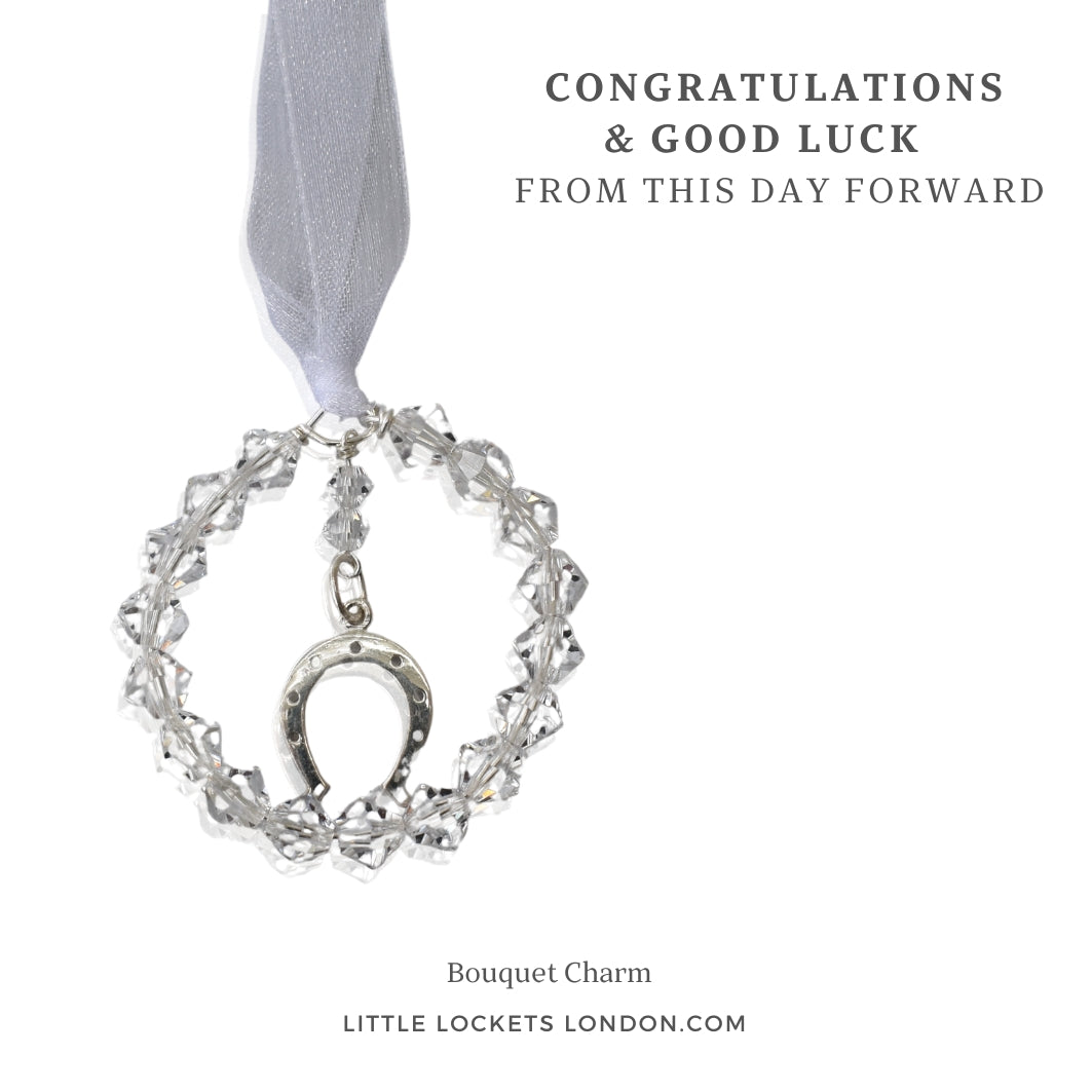Sterling silver horseshoe charm surrounded by a circle fo high quality Austrian crystals. Mounted on card with the word Congratualations and Good Luck, from this day forward. Or choose your own words.