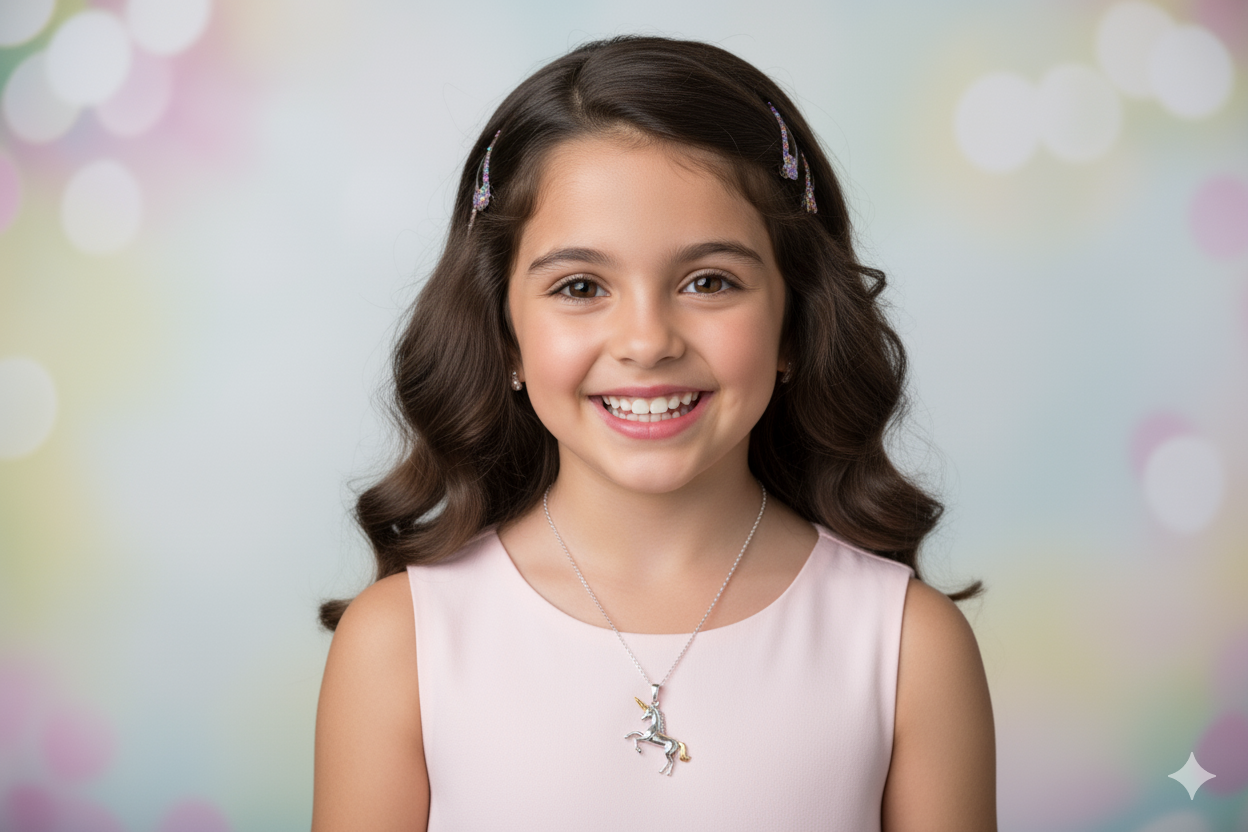 Young girl with a unicorn necklace against a colorful, blurred background