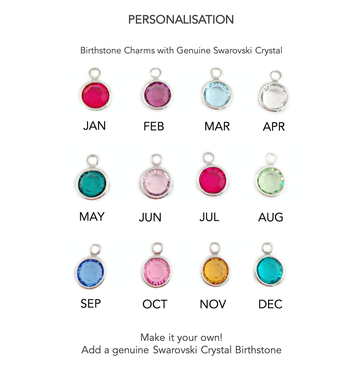 Chart of birthstone charms with Swarovski crystals for each month.
