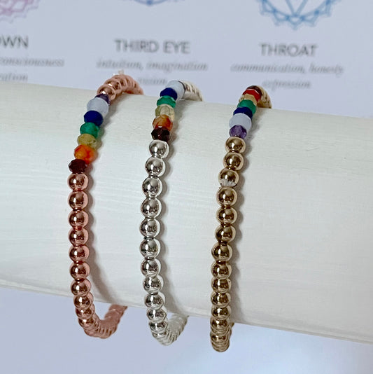 Chakra bracelet  shown in colour choices of silver, gold, rose gold