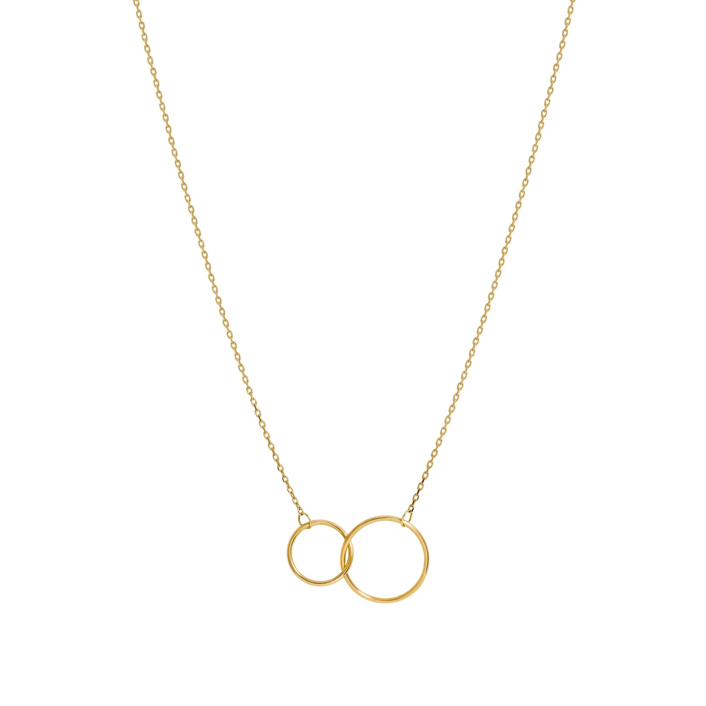 Entwined circles pendant in gold fill finish. Two sparkly entwined circles on an adjustable gold filled chain.