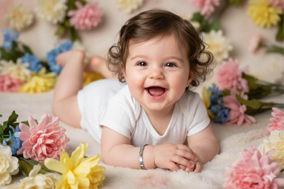 Baby wears sterling silver expandable baby bracelet features a delicate diamond-cut chevron pattern