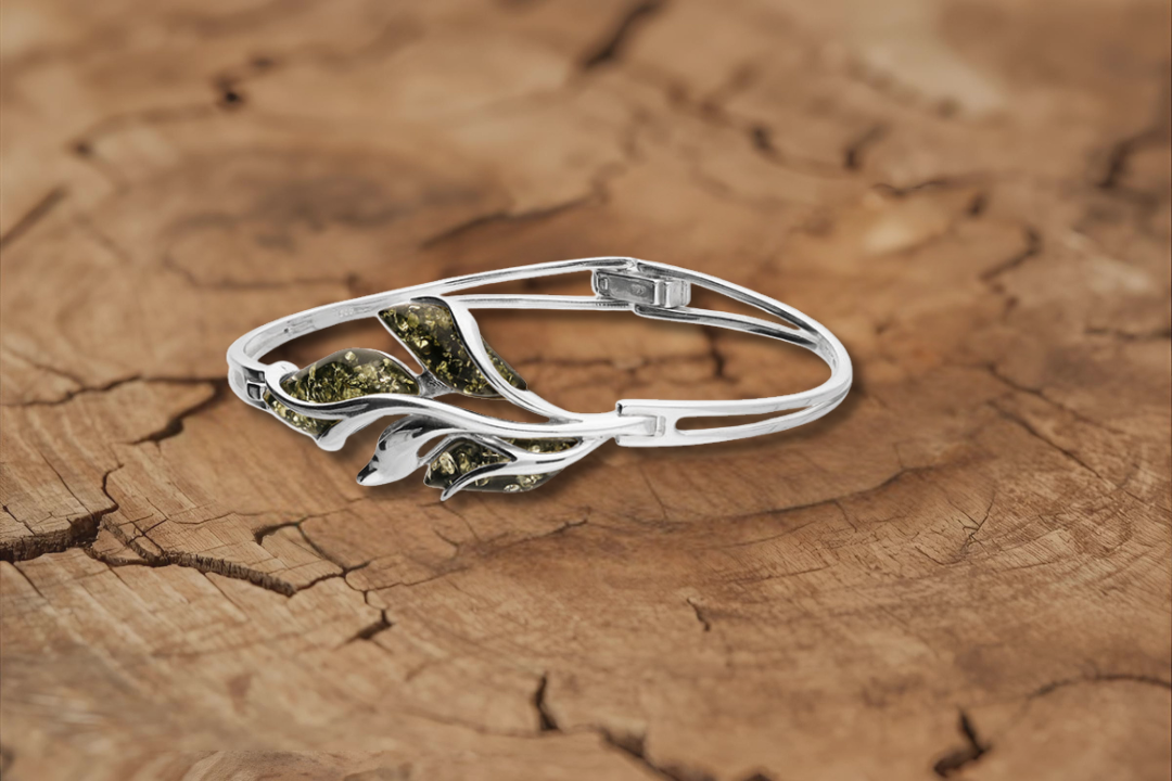 Sterling silver amber leaf bangle with green amber