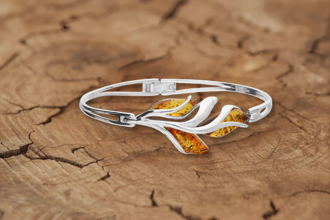 Sterling silver amber leaf bangle with cognac amber