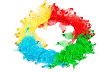 Decorative Rainbow Coloured Tulle Ribbon elasticated Dog Frill. Four coloured different sections with tiny bells on the end of each tulle ribbon.