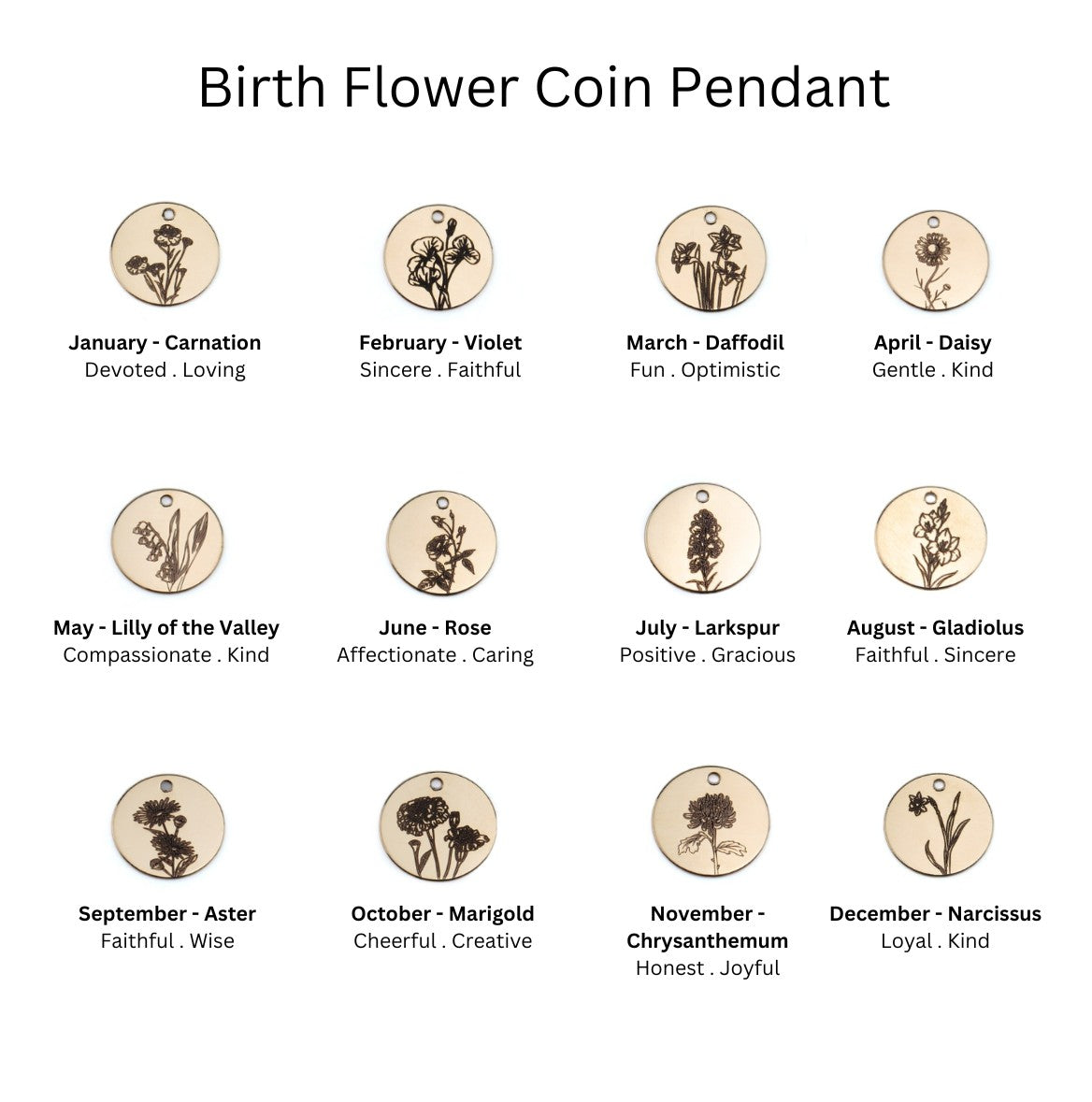 delicate Gold Filled Birth Flower Pendant. Crafted on an 11mm coin pendant, this simple piece is engraved with the intricate design of birth flowers on the front side and on the reverse side features a hidden personalised engraving, making it truly unique.