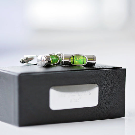 spirit level cufflinks presented in a luxury gift box with a metal plaque engraved with your own words. See listing for max number of characters.