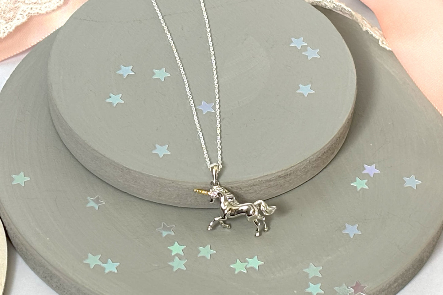 Silver unicorn pendant necklace on a 14" sterling silver chain