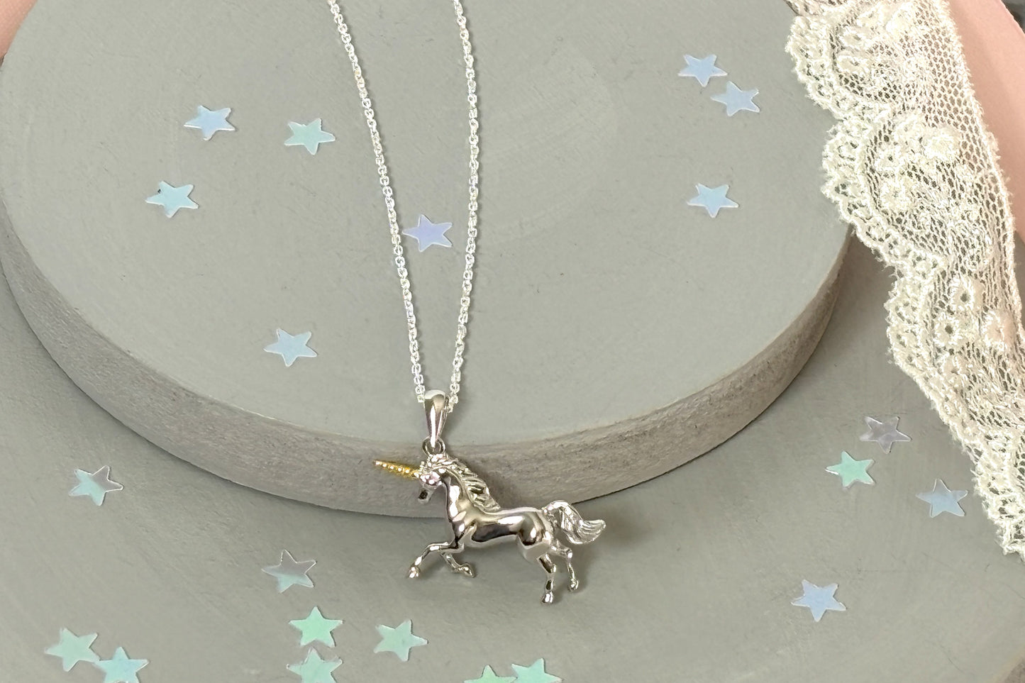 Silver unicorn pendant necklace on a 14" sterling silver chain